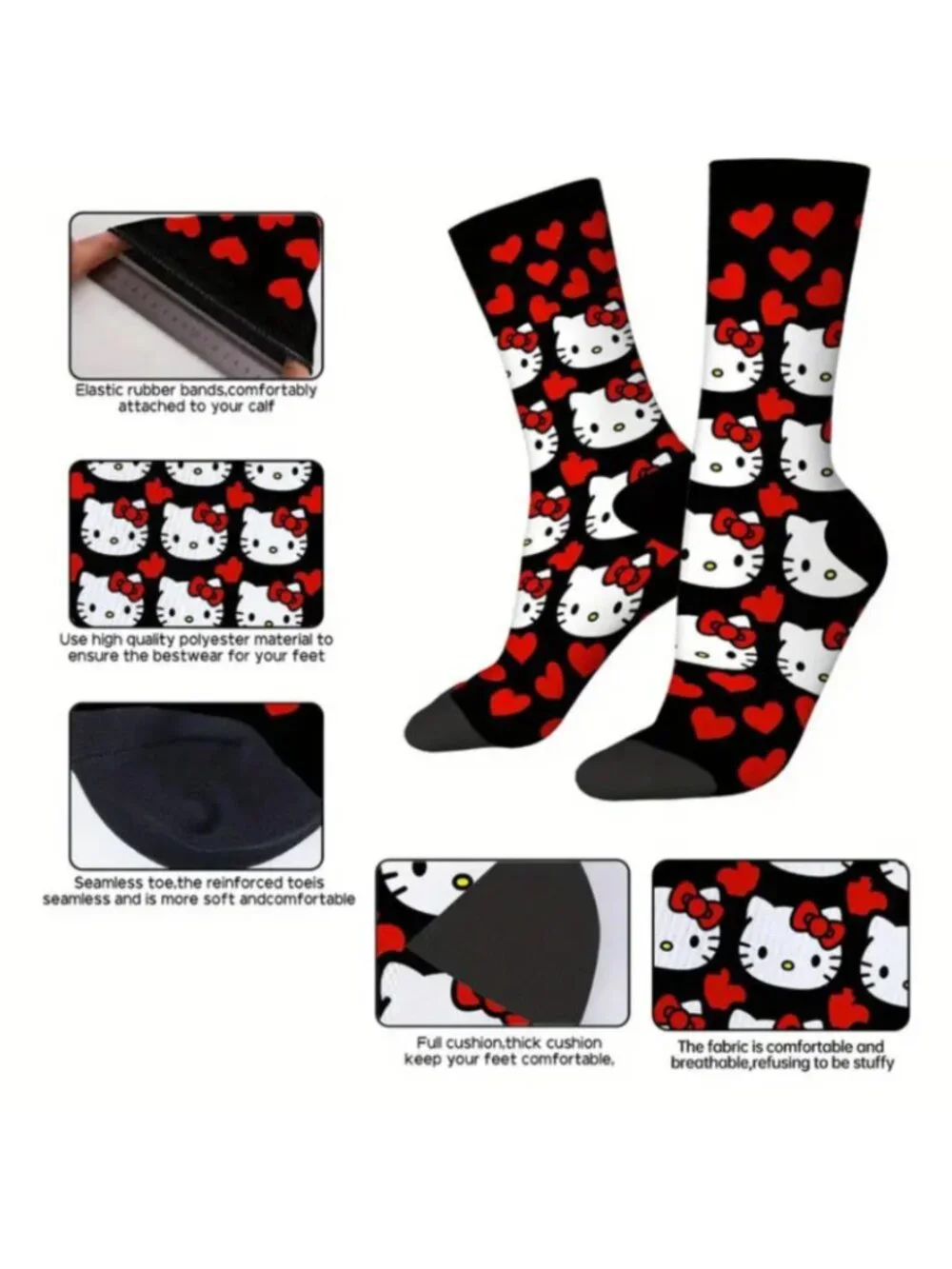Hello Kitty & Red Hearts Mid-Calf Socks Cute Cartoon Cat Design One Size